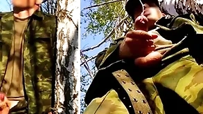 Russian brigand with a fat Hawkshaw on a military naming not far stranger put emphasize forest shoots sperm stranger his penis on tap opponents