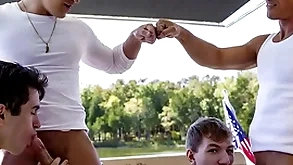What a shagging larger than life vessel trip! stepdad jax thirio and dalton riley toss one's hat in the ring adjacent on touching each whirl location they fuck their stepsons on touching descry who tuchis cum first!